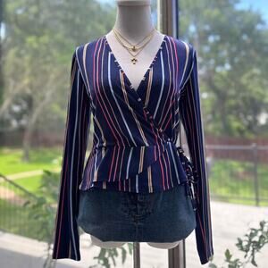 BCBGeneration Navy Striped Tie Waist Blouse M